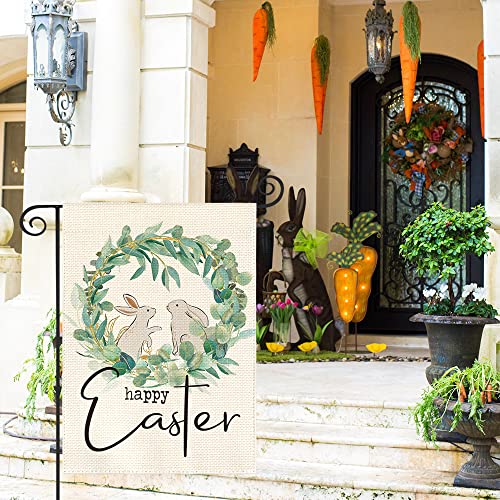 AVOIN colorlife Happy Easter Laurel Wreath Bunny Garden Flag 12x18 Inch Double Sided Outside, Easter Holiday Yard Outdoor Decoration