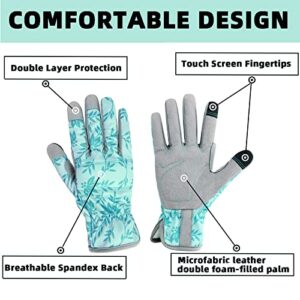 KLDOLLAR Leather Gardening Gloves for Women, Breathable Spandex & Thorn Proof, Garden Gloves for Weeding, Planting, Digging, Flexible Touch Screen Grip - Medium Green