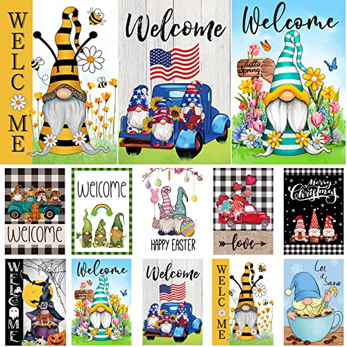 Set of 10 Gnome Seasonal Garden Flags,Double Sided 12 x 18 Inch Yard Flags,small garden flags for outside, Christmas Spring Seasonal Flags for Outdoor,Holiday Garden Flags for All Seasons