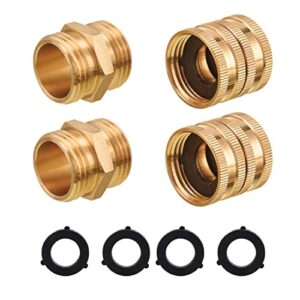 PWACCS Garden Hose Adapter, Male to Male, Female to Female, 3/4 Inch Solid Brass Hose Connectors Adapters, 4-Pack with Extra 4 Washers