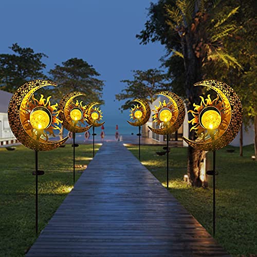 Klmnduo Garden Solar Lights Pathway Outdoor Decorative, Sun & Moon Cracked Glass Globe Metal Lights Solar Powered Waterproof Decorative Stakes for Lawn,Patio or Courtyard