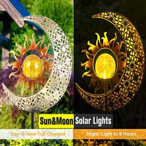 Klmnduo Garden Solar Lights Pathway Outdoor Decorative, Sun & Moon Cracked Glass Globe Metal Lights Solar Powered Waterproof Decorative Stakes for Lawn,Patio or Courtyard