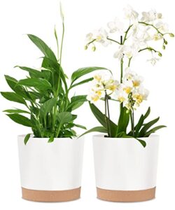 kubvici planters for indoor plants, 8 inch plant pots 2 pack flower pots with drainage and saucer for indoor outdoor plants, plastic indoor planter garden pot white 8”