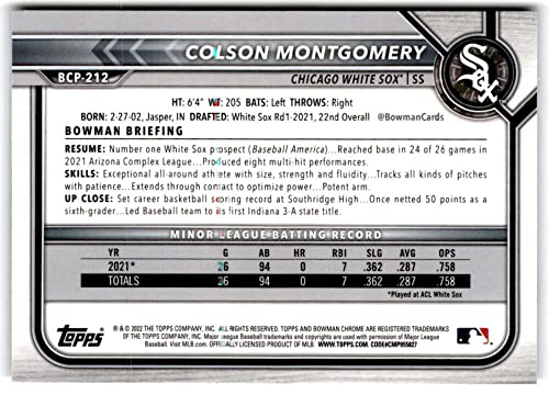 2022 Bowman Chrome Prospects #BCP-212 Colson Montgomery Chicago White Sox Baseball Trading Card