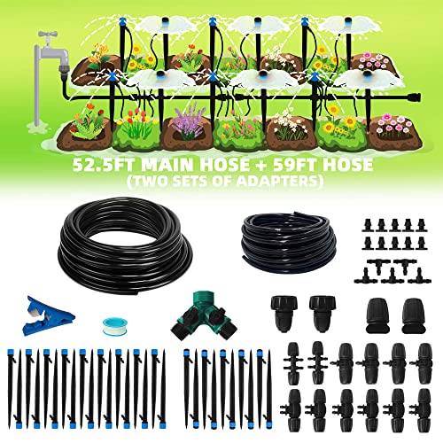 AWOWZ Drip Irrigation Kit, 111.5FT Adjustable Garden Watering System, Patio Misting Plant Watering System with 1/4''Tubing Hose and Drip Connectors, Complete Irrigation System for Raised Garden Bed, Yard,Lawn