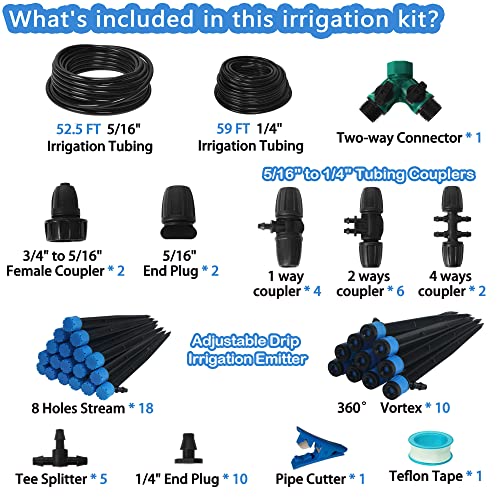 AWOWZ Drip Irrigation Kit, 111.5FT Adjustable Garden Watering System, Patio Misting Plant Watering System with 1/4''Tubing Hose and Drip Connectors, Complete Irrigation System for Raised Garden Bed, Yard,Lawn