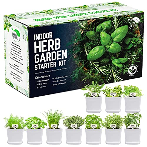 REALPETALED Indoor Herb Garden 10 Non-GMO Herbs– Complete Kitchen Herb Garden with 10 Reusable Pots, Drip Trays, Soil Discs and Seed Packets