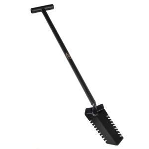 CKG Metal Detecting Shovel Digging Tool with Double Serrated Blade – Heavy Duty Digger Garden Root Cutter T-Handle Spade for Professional Landscapers Lawn Gardeners Relic & Gold Prospecting - Black