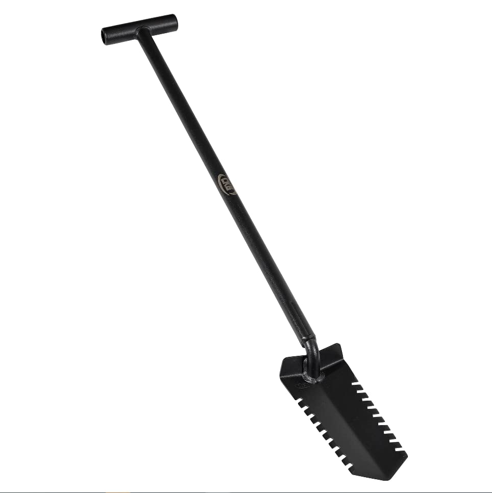 CKG Metal Detecting Shovel Digging Tool with Double Serrated Blade – Heavy Duty Digger Garden Root Cutter T-Handle Spade for Professional Landscapers Lawn Gardeners Relic & Gold Prospecting - Black