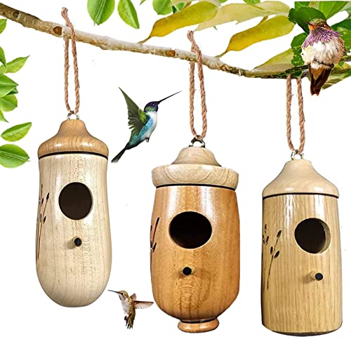 3Pcs Hummingbird House, Wooden Hummingbird House for Outside Hanging, Cute Humming Bird Nest with Hemp Ropes, Hanging Bird Houses for Outdoor Garden Home Decor, Nesting Birdhouse Nature Lovers Gift(B)