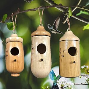 3Pcs Hummingbird House, Wooden Hummingbird House for Outside Hanging, Cute Humming Bird Nest with Hemp Ropes, Hanging Bird Houses for Outdoor Garden Home Decor, Nesting Birdhouse Nature Lovers Gift(B)