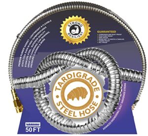 tardigrade steel hose – garden hose 50 ft – made of metal – heavy duty stainless steel – outdoor water hoses, flexible, lightweight, brass, dog chew crush proof, no kink, durable lawn tool