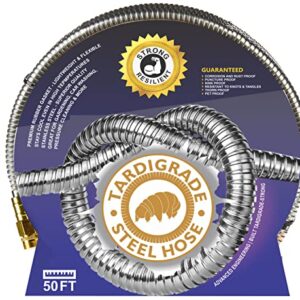 Tardigrade Steel Hose - Garden Hose 50 FT - Made of Metal - Heavy Duty Stainless Steel - Outdoor Water Hoses, Flexible, Lightweight, Brass, Dog Chew Crush Proof, No Kink, Durable Lawn Tool