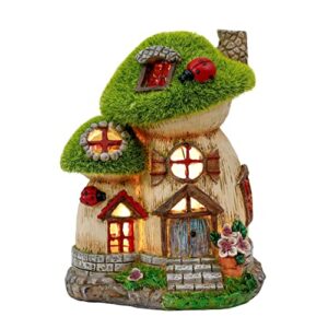 TERESA'S COLLECTIONS Mushroom Garden Statues with Solar Light, Cute Flocked Fairy House Accessories Resin Cottage Figurines Lawn Ornaments Outdoor Gifts for Flower Garden Patio Yard Decor, 7.7“