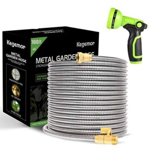 kegemor garden hose 100 ft-metal water hose -flexible lightweight outdoor yard strong durable heavy duty 304 stainless steel hose pipe with 10-way nozzle, solid 3/4″ brass connectors, no kink hose