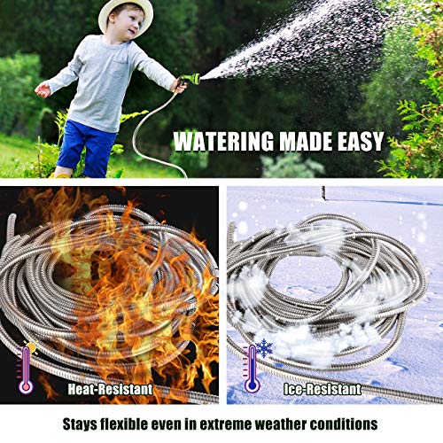 kegemor Garden Hose 100 ft-Metal Water Hose -Flexible Lightweight Outdoor Yard Strong Durable Heavy Duty 304 Stainless Steel Hose Pipe with 10-Way Nozzle, Solid 3/4" Brass Connectors, No Kink Hose