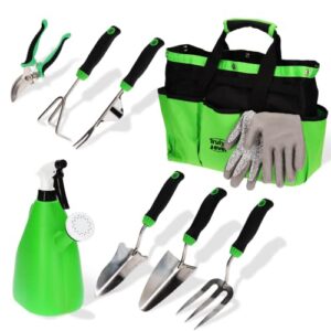 garden tool set – stainless steel heavy duty gardening tool kit, 9 pieces, rubber non-slip handle, large storage organizer bag, 1.0l dual watering can with sprayer, gift for gardener women and men