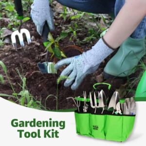 Garden Tool Set - Stainless Steel Heavy Duty Gardening Tool Kit, 9 Pieces, Rubber Non-Slip Handle, Large Storage Organizer Bag, 1.0L Dual Watering Can with Sprayer, Gift for Gardener Women and Men