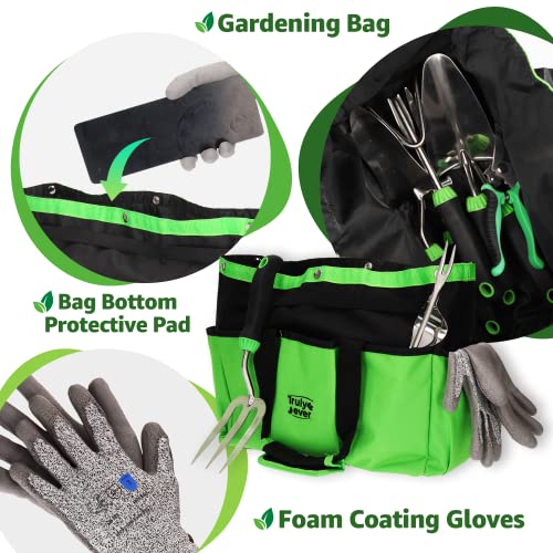 Garden Tool Set - Stainless Steel Heavy Duty Gardening Tool Kit, 9 Pieces, Rubber Non-Slip Handle, Large Storage Organizer Bag, 1.0L Dual Watering Can with Sprayer, Gift for Gardener Women and Men