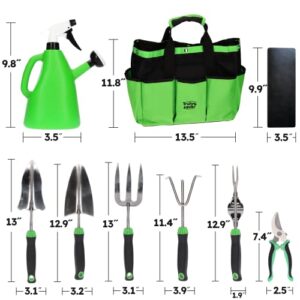 Garden Tool Set - Stainless Steel Heavy Duty Gardening Tool Kit, 9 Pieces, Rubber Non-Slip Handle, Large Storage Organizer Bag, 1.0L Dual Watering Can with Sprayer, Gift for Gardener Women and Men