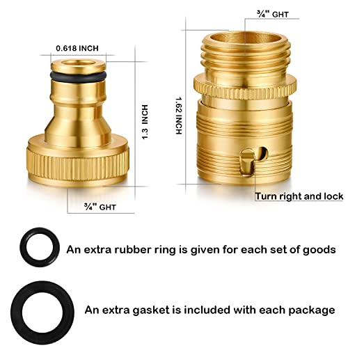 YELUN Garden Hose Quick Connect Solid Brass 3/4 inch GHT External Thread Easy Connect Fittings No-Leak Water Hose Male Quick Connector and Female product adapters (2 SETS)