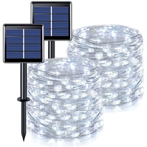 jmexsuss 2 pack each 200 led solar fairy lights outdoor waterproof, 66ft white solar string lights outdoor with 8 modes, copper wire solar twinkle lights for camping tree garden party decorations