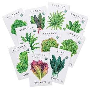sereniseed certified organic leafy greens lettuce seeds collection (10-pack) – 100% non gmo, open pollinated – grow guide