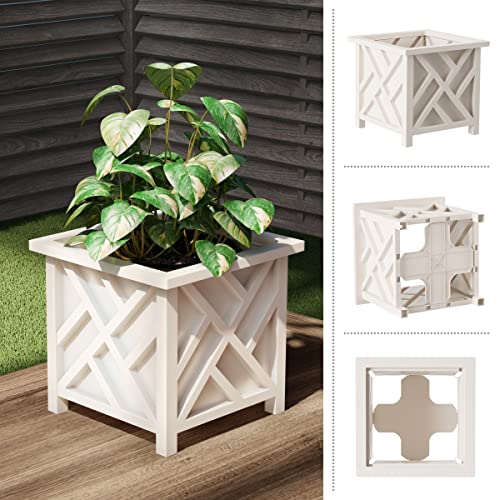 Pure Garden Lattice Design Planter Box 2-Pack – 14.75-Inch Decorative Outdoor Flower or Plant Pots – Front Porch, Patio, and Garden Decor (White)