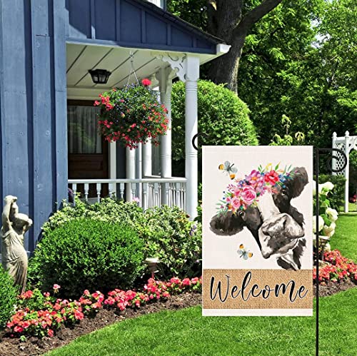 LHSION Spring Cow Garden Flag 12.5 x 18 Inch Welcome Floral Decorative Double Sided Burlap Flag For Spring Summer Farmhouse Yard Seasonal Decor