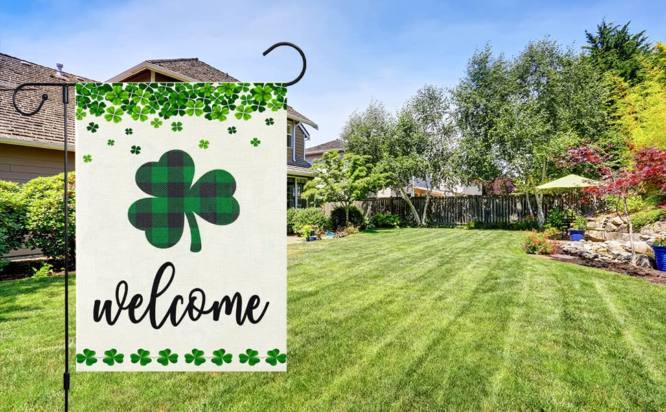St.Patrick's Day Garden Flag Shamrock Clover Welcome Flags Double Sided Happy Saint Patty's Day Irish Small Mini Burlap Yard Flag for Outside Decoration(ONLY FLAG,12x18 Inch ) (Shamrock)
