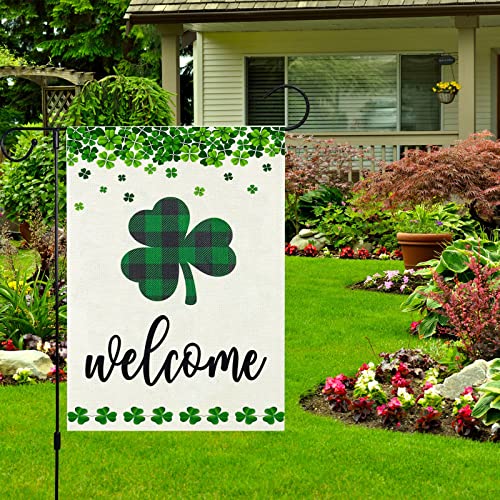 St.Patrick's Day Garden Flag Shamrock Clover Welcome Flags Double Sided Happy Saint Patty's Day Irish Small Mini Burlap Yard Flag for Outside Decoration(ONLY FLAG,12x18 Inch ) (Shamrock)