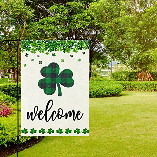 St.Patrick's Day Garden Flag Shamrock Clover Welcome Flags Double Sided Happy Saint Patty's Day Irish Small Mini Burlap Yard Flag for Outside Decoration(ONLY FLAG,12x18 Inch ) (Shamrock)