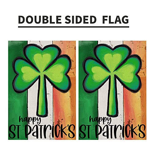 Happy St Patricks Day Garden Flags 12x18 Inch Double Sided Burlap, Green Shamrock Lucky Sign Farmhouse Small Yard Outdoor Decorations DF195