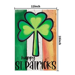 Happy St Patricks Day Garden Flags 12x18 Inch Double Sided Burlap, Green Shamrock Lucky Sign Farmhouse Small Yard Outdoor Decorations DF195