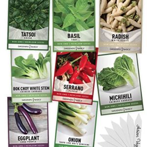 Asian Vegetable Seeds for Planting 8 Packets Bok Choy, Michihili (Napa) Chinese Cabbage, Tatsoi, Onion, White Radish, Serrano, Eggplant for Your Non GMO Heirloom Vegetable Garden by Gardeners Basics