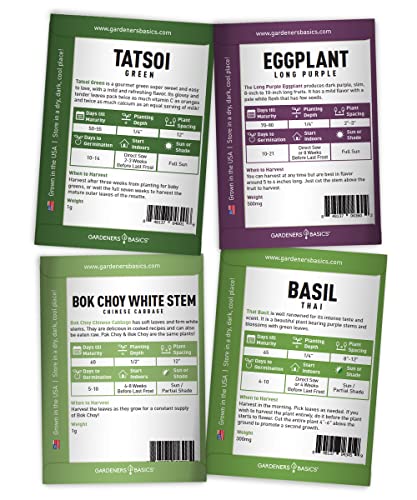 Asian Vegetable Seeds for Planting 8 Packets Bok Choy, Michihili (Napa) Chinese Cabbage, Tatsoi, Onion, White Radish, Serrano, Eggplant for Your Non GMO Heirloom Vegetable Garden by Gardeners Basics