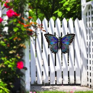 LIFFY Metal Butterfly Wall Decor 15inch Blue Butterfly Outdoor Art Hanging Glass Wall Decorations for Garden Fence Patio