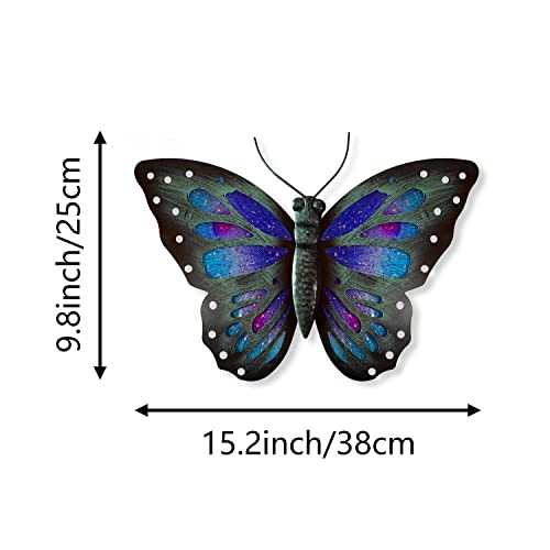 LIFFY Metal Butterfly Wall Decor 15inch Blue Butterfly Outdoor Art Hanging Glass Wall Decorations for Garden Fence Patio