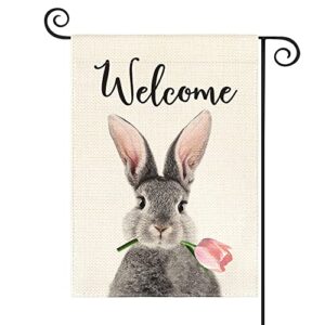 avoin colorlife welcome rabbit garden flag 12×18 inch double sided, spring easter bunny tulip holiday yard outdoor decoration