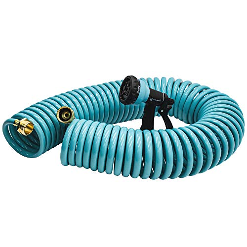 AUTOMAN-Garden-Water-Hose-Recoil,50 Feet EVA Curly Water Hose with Brass Connectors,Watering Hose Coil,Includes 7-Pattern Function Sprayer,Retractable,Corrosion Resistant Garden Coil Hose.