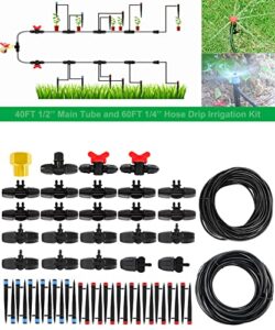 poanes drip irrigation kit, 100ft garden watering system with 40ft 1/4 inch and 60ft 1/2 inch blank distribution tubing hose distribution tubing adjustable nozzle emitters sprinkler barbed fittings
