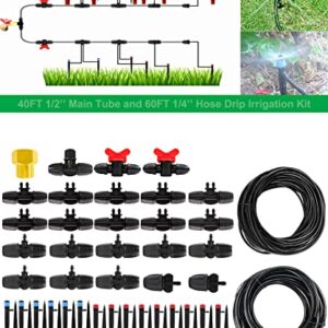 POANES Drip Irrigation Kit, 100FT Garden Watering System with 40FT 1/4 inch and 60FT 1/2 inch Blank Distribution Tubing Hose Distribution Tubing Adjustable Nozzle Emitters Sprinkler Barbed Fittings