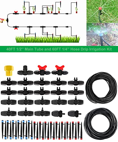 POANES Drip Irrigation Kit, 100FT Garden Watering System with 40FT 1/4 inch and 60FT 1/2 inch Blank Distribution Tubing Hose Distribution Tubing Adjustable Nozzle Emitters Sprinkler Barbed Fittings