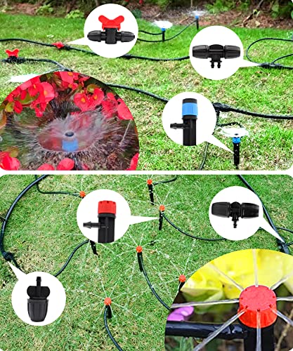 POANES Drip Irrigation Kit, 100FT Garden Watering System with 40FT 1/4 inch and 60FT 1/2 inch Blank Distribution Tubing Hose Distribution Tubing Adjustable Nozzle Emitters Sprinkler Barbed Fittings