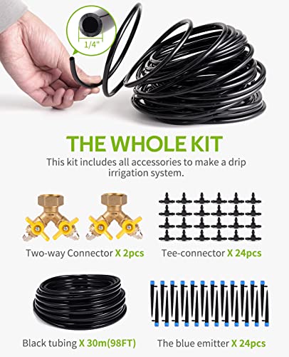 HIRALIY 98.4FT Drip Irrigation Kit, Garden Watering System, 6x4mm Blank Distribution Tubing DIY Automatic Irrigation Equipment Set for Outdoor Plants, Micro Drip Irrigation Kit for Greenhouse Flower, Bed Patio, Lawn