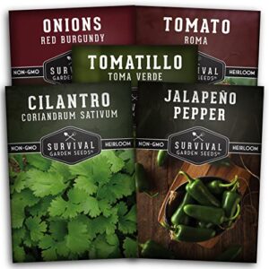 survival garden seeds salsa collection seed vault – tomatillo, tomato, onion, jalapeño, cilantro – non-gmo heirloom seeds for planting – grow vegetables at home