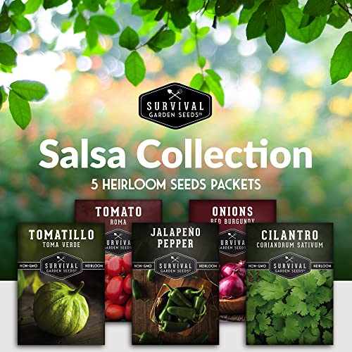 Survival Garden Seeds Salsa Collection Seed Vault - Tomatillo, Tomato, Onion, Jalapeño, Cilantro - Non-GMO Heirloom Seeds for Planting - Grow Vegetables at Home