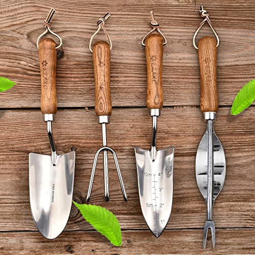 EZARC Garden Tool Set, 4 Piece Stainless Steel Heavy Duty Gardening Tools with Wooden Handle, Gardening Kit Include Hand Shovel, Trowel, Garden Rake, Hand Weeder