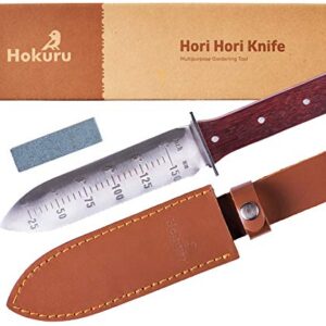 HOKURU Hori Hori Knife - Landscaping, Digging, Weeding, Cutting, Planting Gardening Tool With Leather Sheath, Stainless Steel Blade and Sharpening Stone