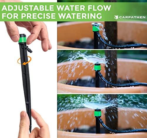 CARPATHEN Irrigation System - Adjustable Premium Drip Irrigation for Small Garden, Potted Plants, Hanging Baskets, Raised Garden Beds, Containers - Complete with Drip Emitters, Tubing and Connectors